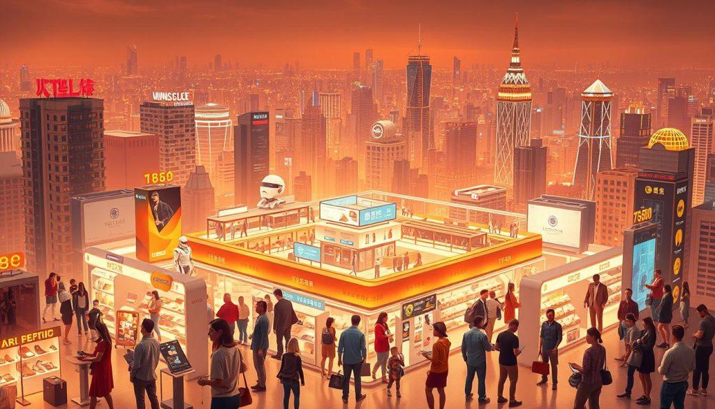A bustling cityscape depicting a multi-layered "全渠道整合策略" in action. In the foreground, a diverse group of customers interacting with personalized AI-powered chatbots, virtual assistants, and digital kiosks, seamlessly navigating their purchasing journey. The middle ground showcases a well-integrated network of physical retail stores, e-commerce platforms, and logistics hubs, all synchronized to deliver a cohesive omnichannel experience. In the background, a panoramic view of the city skyline, symbolizing the scalability and reach of this comprehensive marketing and sales strategy. Warm lighting casts a inviting glow, conveying an atmosphere of efficiency, convenience, and customer satisfaction.