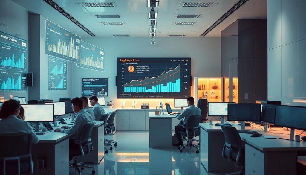 A bustling e-commerce lab, with engineers and analysts collaborating at modern workstations. Sleek, minimalist design elements create an airy, focused atmosphere. Holographic screens display real-time growth metrics, while a large central display board showcases the latest experiments and their results. Soft, directional lighting casts a warm, productive glow over the scene. The overall impression is one of a dynamic, data-driven culture, where continuous testing and learning drive sustainable e-commerce growth.