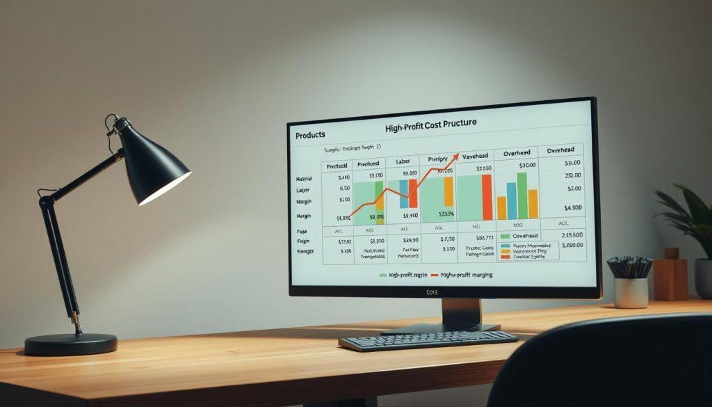A detailed, high-resolution image of a product cost structure analysis with a focus on high-profit margin products. The scene depicts a clean, minimalist workspace with a wooden desk and a large monitor displaying a well-organized data visualization. The visualization showcases a breakdown of product costs, including raw materials, labor, and overhead, highlighting the key components that contribute to a high-profit margin. The lighting is soft and diffused, creating a professional and analytical atmosphere. The camera angle is slightly elevated, providing a clear view of the data presentation. The image conveys a sense of analytical rigor and data-driven decision-making.
