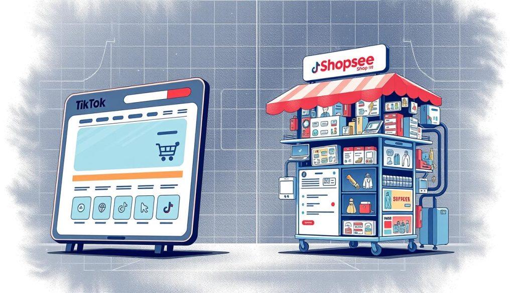 A detailed illustration of two distinct e-commerce platform structures, showcasing their core differences. In the foreground, a modern, sleek interface with a clean, minimalist design, representing the streamlined conversion flow of a platform like TikTok Shop. In the middle ground, a more cluttered and complex layout, symbolizing the multifaceted nature of a platform like Shopee, with various product categories, promotions, and user interactions. The background should convey a sense of dynamism, with subtle grid-like patterns or geometric shapes to suggest the underlying algorithms and data structures powering these platforms. The overall tone should be one of clarity and contrast, allowing the viewer to easily grasp the essential differences in the conversion structures of these two e-commerce giants.