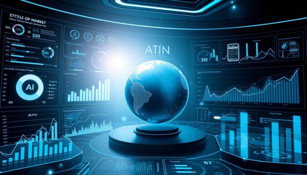A futuristic, high-tech analytical dashboard displaying a detailed overview of the AI market. In the foreground, various interactive visualizations and data charts present key metrics and insights, bathed in a cool, monochromatic color palette. The middle ground features a 3D globe, rotating to showcase global AI adoption and trends. In the background, a sleek, minimalist interface with clean lines and subtle holographic elements creates an advanced, cutting-edge atmosphere. Soft, directional lighting illuminates the scene, emphasizing the precision and sophistication of this comprehensive AI market analysis tool.