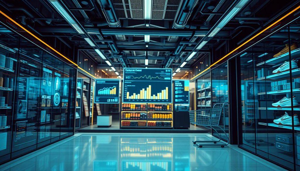 A high-tech e-commerce storefront, showcasing the seamless integration of AI technology. In the foreground, a sleek, minimalist interface displays personalized product recommendations, powered by advanced machine learning algorithms. The middle ground features a data visualization dashboard, tracking real-time customer behavior and sales trends, enabling data-driven decision-making. In the background, a network of servers and interconnected devices hum with the activity of predictive analytics, automated inventory management, and personalized marketing campaigns. The scene is bathed in a cool, blue-tinted lighting, evoking a sense of cutting-edge innovation and technological prowess, perfectly capturing the transformative potential of AI in the e-commerce landscape.