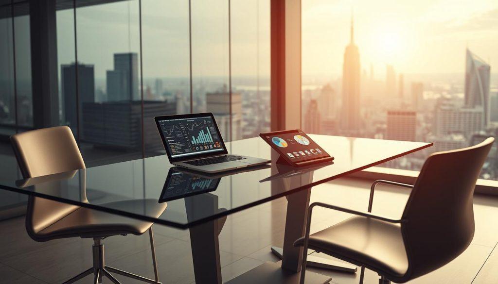 A sleek, minimalist office setting with a glass table and modern chairs. On the table, a laptop and a tablet displaying visuals related to AI pricing ethics, including graphs, charts, and icons. Soft, ambient lighting casts a warm glow, creating a contemplative atmosphere. In the background, a large window overlooks a bustling cityscape, symbolizing the complex interplay between technology, business, and societal impact. The scene conveys a sense of thoughtful deliberation and the need to balance innovation with ethical considerations.