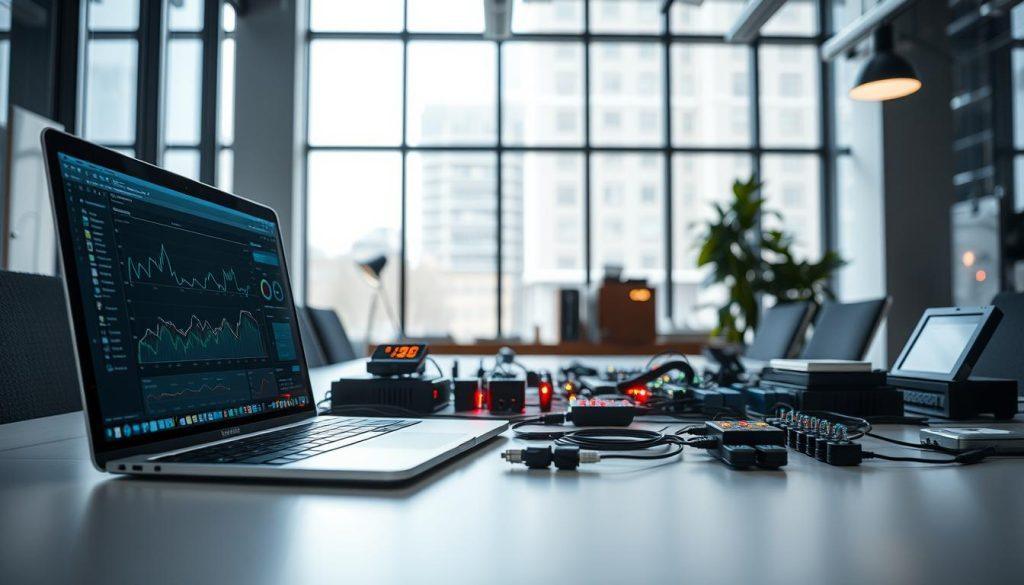 A well-organized data collection setup in a modern office environment. In the foreground, a sleek laptop with a high-resolution display sits on a minimalist desk, its screen showcasing analytical software. In the middle ground, an array of sensors and IoT devices are neatly arranged, their LED indicators pulsing with data. The background features floor-to-ceiling windows, allowing natural light to flood the space and create a bright, airy atmosphere. Strategically placed task lighting provides focused illumination, while the overall lighting scheme conveys a sense of productivity and technological prowess. The camera angle is slightly elevated, capturing the setup from an optimal vantage point to highlight the workflow and efficiency of the data collection process.
