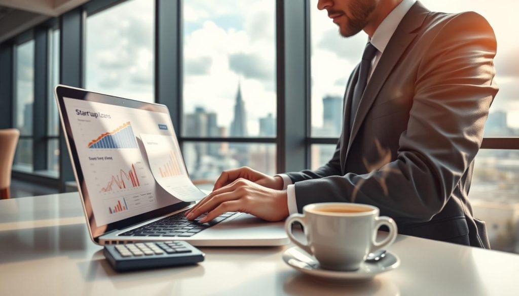 A business professional in a sleek, modern office setting, dressed in a smart, tailored suit, analyzing financial documents on a laptop. The foreground features a close-up of the laptop screen displaying graphs and figures related to startup loans. In the middle ground, there is a stylish desk with a notepad, calculator, and a steaming cup of coffee, suggesting a focused environment. In the background, a large window reveals a city skyline, showcasing a bright but cloudy day that hints at uncertainty. Soft, natural light filters through, casting warm shadows that create a contemplative mood. The scene captures a moment of decision-making, conveying the tension and hope associated with obtaining business loans without prior revenue. A business professional in a sleek, modern office setting, dressed in a smart, tailored suit, analyzing financial documents on a laptop. The foreground features a close-up of the laptop screen displaying graphs and figures related to startup loans. In the middle ground, there is a stylish desk with a notepad, calculator, and a steaming cup of coffee, suggesting a focused environment. In the background, a large window reveals a city skyline, showcasing a bright but cloudy day that hints at uncertainty. Soft, natural light filters through, casting warm shadows that create a contemplative mood. The scene captures a moment of decision-making, conveying the tension and hope associated with obtaining business loans without prior revenue.