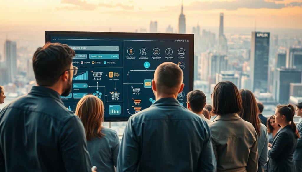 A bustling digital marketplace scene illustrating the concept of "traffic entry and outlet inventory." In the foreground, a diverse group of small business owners, dressed in professional attire, gather around a large, interactive digital screen displaying analytics and flow charts. The middle ground features an eye-catching illustration of entry points like search bars and social media icons, alongside outlet points such as shopping carts and payment gateways, emphasizing the connection between these elements. The background showcases a vibrant city skyline, symbolizing the vast e-commerce landscape. Soft, warm lighting enhances the collaborative atmosphere, with a focus on innovation and opportunity. The overall mood is dynamic and optimistic, inspiring viewers to harness online traffic as a valuable asset. A bustling digital marketplace scene illustrating the concept of "traffic entry and outlet inventory." In the foreground, a diverse group of small business owners, dressed in professional attire, gather around a large, interactive digital screen displaying analytics and flow charts. The middle ground features an eye-catching illustration of entry points like search bars and social media icons, alongside outlet points such as shopping carts and payment gateways, emphasizing the connection between these elements. The background showcases a vibrant city skyline, symbolizing the vast e-commerce landscape. Soft, warm lighting enhances the collaborative atmosphere, with a focus on innovation and opportunity. The overall mood is dynamic and optimistic, inspiring viewers to harness online traffic as a valuable asset.