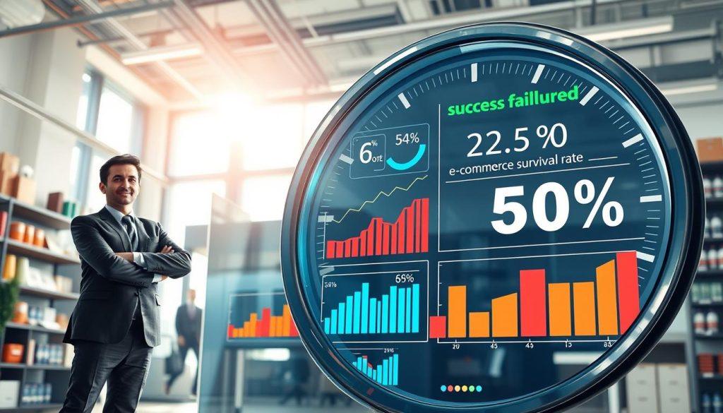 A conceptual illustration representing the theme of "e-commerce survival rates." In the foreground, a confident business person in professional attire stands next to a large, transparent gauge displaying fluctuating survival rate percentages. In the middle, visualize vibrant graphs and charts depicting various statistics related to e-commerce success and failure rates, with a focus on the high failure percentage. The background should feature office settings with shelves of products, conveying a bustling online marketplace atmosphere. Bright, natural lighting streams in from a window, creating an optimistic yet analytical mood. An upward perspective adds depth, emphasizing the significance of the data being showcased. A conceptual illustration representing the theme of "e-commerce survival rates." In the foreground, a confident business person in professional attire stands next to a large, transparent gauge displaying fluctuating survival rate percentages. In the middle, visualize vibrant graphs and charts depicting various statistics related to e-commerce success and failure rates, with a focus on the high failure percentage. The background should feature office settings with shelves of products, conveying a bustling online marketplace atmosphere. Bright, natural lighting streams in from a window, creating an optimistic yet analytical mood. An upward perspective adds depth, emphasizing the significance of the data being showcased.