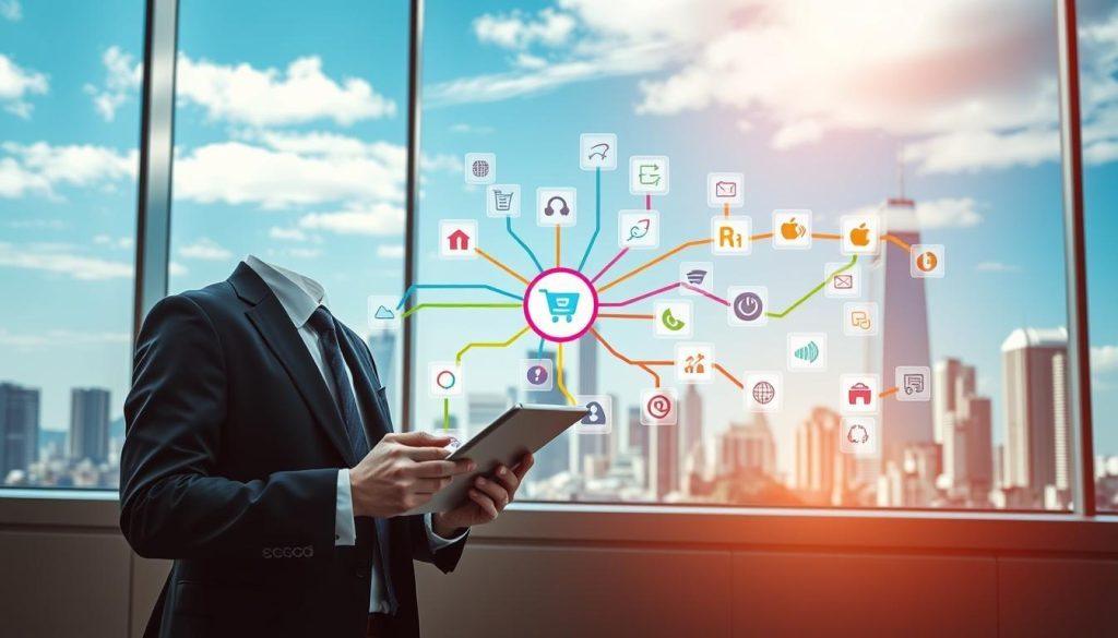 A conceptual image illustrating "渠道分散" (channel diversification), featuring a diverse array of e-commerce platforms symbolized by colorful, interconnected paths diverging from a central hub. In the foreground, a professional businessperson in smart attire analyzes data on a tablet, showcasing modern technology in a well-lit office setting. The middle section presents a network of digital screens displaying various e-commerce logos and analytics, illustrating multiple sales channels. In the background, a cityscape with skyscrapers under a bright blue sky adds a dynamic atmosphere, suggesting a thriving business environment. Utilize soft, natural lighting to enhance professionalism, and a wide-angle perspective to capture the interconnectedness of the digital marketplace. A conceptual image illustrating "渠道分散" (channel diversification), featuring a diverse array of e-commerce platforms symbolized by colorful, interconnected paths diverging from a central hub. In the foreground, a professional businessperson in smart attire analyzes data on a tablet, showcasing modern technology in a well-lit office setting. The middle section presents a network of digital screens displaying various e-commerce logos and analytics, illustrating multiple sales channels. In the background, a cityscape with skyscrapers under a bright blue sky adds a dynamic atmosphere, suggesting a thriving business environment. Utilize soft, natural lighting to enhance professionalism, and a wide-angle perspective to capture the interconnectedness of the digital marketplace.