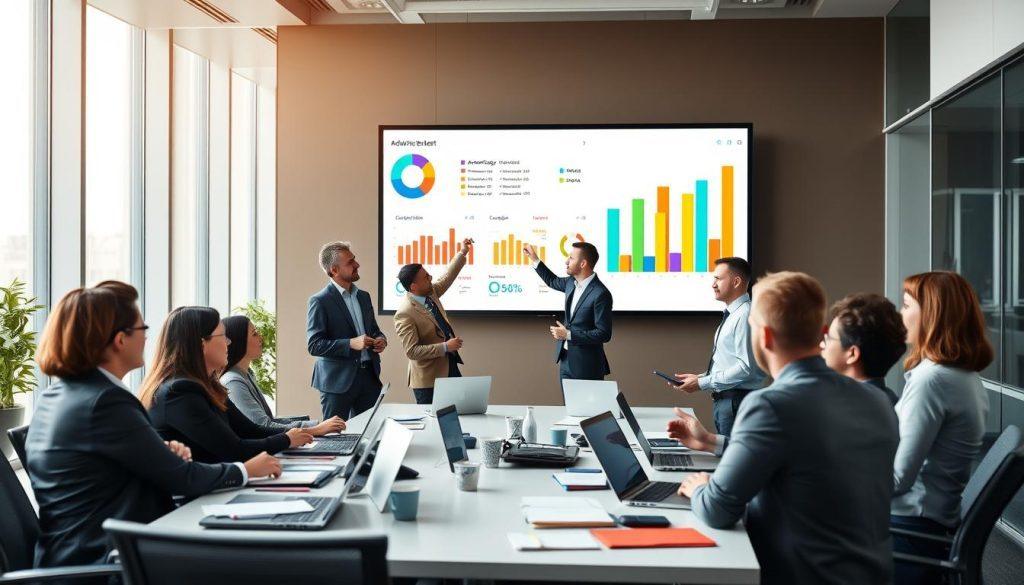 A corporate meeting room setting, focusing on a large screen displaying colorful pie charts and bar graphs representing advertising budget allocation. In the foreground, a diverse group of professional individuals in business attire are actively discussing strategies, with one pointing at the data on the screen. The middle ground features a sleek conference table cluttered with laptops and notepads. The background is a modern office with floor-to-ceiling windows letting in natural light, creating a bright and productive atmosphere. The scene captures a dynamic and focused mood, symbolizing collaboration and strategy in budget management for advertising campaigns. The lighting is soft yet illuminating, emphasizing the participants and the data presented. A corporate meeting room setting, focusing on a large screen displaying colorful pie charts and bar graphs representing advertising budget allocation. In the foreground, a diverse group of professional individuals in business attire are actively discussing strategies, with one pointing at the data on the screen. The middle ground features a sleek conference table cluttered with laptops and notepads. The background is a modern office with floor-to-ceiling windows letting in natural light, creating a bright and productive atmosphere. The scene captures a dynamic and focused mood, symbolizing collaboration and strategy in budget management for advertising campaigns. The lighting is soft yet illuminating, emphasizing the participants and the data presented.