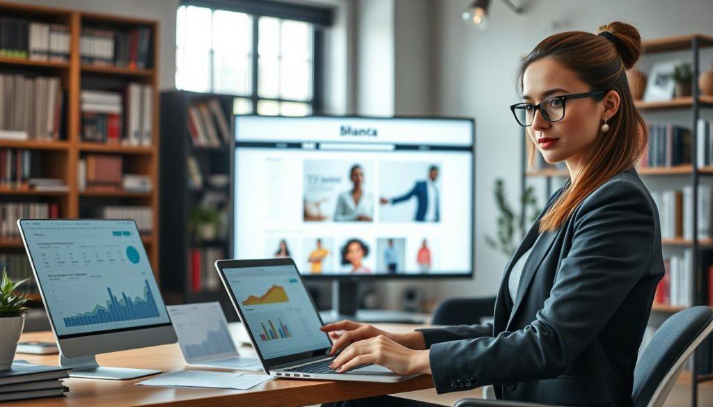 A creative and modern workspace featuring a professional setting focused on e-commerce strategy. In the foreground, a confident businesswoman in smart casual attire is analyzing data on a laptop, showcasing graphs and charts related to website traffic. In the middle ground, a large monitor displays an engaging, sleek website interface representing an e-commerce brand page. The background features shelves with books on digital marketing and branding, creating an atmosphere of knowledge and innovation. Soft, natural lighting filters in through a window, highlighting the workspace and adding warmth. The scene conveys a mood of ambition and proactive strategy, illustrating the transformation of platform traffic into proprietary digital assets. A creative and modern workspace featuring a professional setting focused on e-commerce strategy. In the foreground, a confident businesswoman in smart casual attire is analyzing data on a laptop, showcasing graphs and charts related to website traffic. In the middle ground, a large monitor displays an engaging, sleek website interface representing an e-commerce brand page. The background features shelves with books on digital marketing and branding, creating an atmosphere of knowledge and innovation. Soft, natural lighting filters in through a window, highlighting the workspace and adding warmth. The scene conveys a mood of ambition and proactive strategy, illustrating the transformation of platform traffic into proprietary digital assets.