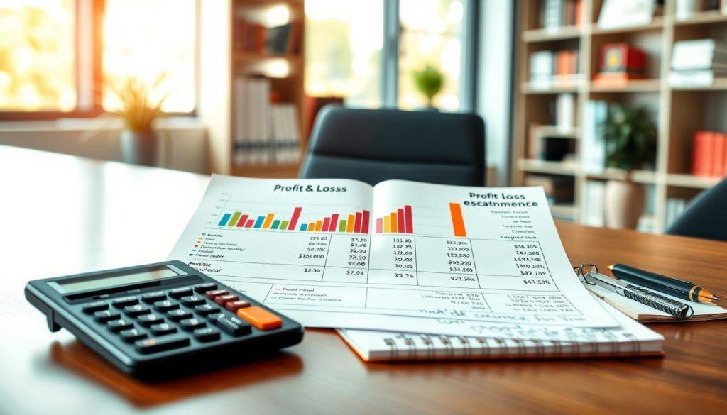 A detailed and dynamic image of a profit and loss statement, illustrated on a desk in a modern office setting. In the foreground, a stylish calculator, a digital tablet displaying graphs, and a notepad filled with handwritten notes on e-commerce strategies. In the middle ground, the opened profit and loss statement, featuring colorful charts and clear financial figures, showing a positive revenue trend. In the background, soft-focus shelves filled with business books and a large window letting in natural light, creating a bright and optimistic atmosphere. The setting conveys professionalism and clarity, with rich colors and sharp contrasts that draw attention to the financial details. The scene is warm and inviting, inspiring entrepreneurial focus and financial acuity. A detailed and dynamic image of a profit and loss statement, illustrated on a desk in a modern office setting. In the foreground, a stylish calculator, a digital tablet displaying graphs, and a notepad filled with handwritten notes on e-commerce strategies. In the middle ground, the opened profit and loss statement, featuring colorful charts and clear financial figures, showing a positive revenue trend. In the background, soft-focus shelves filled with business books and a large window letting in natural light, creating a bright and optimistic atmosphere. The setting conveys professionalism and clarity, with rich colors and sharp contrasts that draw attention to the financial details. The scene is warm and inviting, inspiring entrepreneurial focus and financial acuity.
