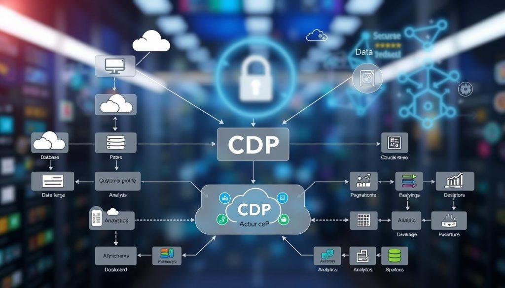 A detailed and sophisticated architecture diagram for a Customer Data Platform (CDP) setup. In the foreground, various interconnected elements represent data sources, including databases, cloud storage, analytics tools, and user interfaces, all meticulously labeled with arrows indicating data flow. The middle ground features a central hub symbolizing the CDP, showcasing its role in integrating and managing data with vibrant icons for customer profiles and analytics dashboards. The background consists of a blurred digital environment, suggesting a secure, high-tech atmosphere with abstract representations of data security and AI algorithms. The lighting should be bright yet balanced, casting a professional glow on the diagram. The overall mood is innovative and forward-thinking, ideal for illustrating advanced strategies in data management. A detailed and sophisticated architecture diagram for a Customer Data Platform (CDP) setup. In the foreground, various interconnected elements represent data sources, including databases, cloud storage, analytics tools, and user interfaces, all meticulously labeled with arrows indicating data flow. The middle ground features a central hub symbolizing the CDP, showcasing its role in integrating and managing data with vibrant icons for customer profiles and analytics dashboards. The background consists of a blurred digital environment, suggesting a secure, high-tech atmosphere with abstract representations of data security and AI algorithms. The lighting should be bright yet balanced, casting a professional glow on the diagram. The overall mood is innovative and forward-thinking, ideal for illustrating advanced strategies in data management.