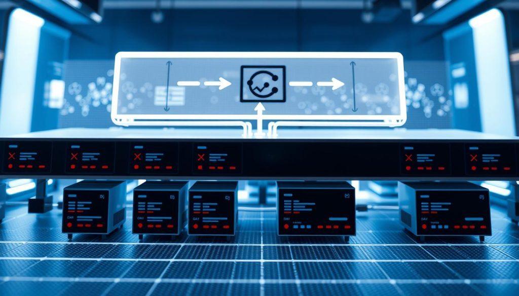 A detailed and sophisticated vector database architecture diagram, showcasing various components like data storage, retrieval systems, and processing nodes. The foreground features rectangular data storage units interconnected through dynamic arrows depicting data flow. The middle layer shows computation nodes with abstract representations of algorithms processing the data. The background includes a subtle grid or network pattern to signify interconnected systems. The image should have a modern, tech-oriented atmosphere, illuminated by soft blue and white lighting, giving it a clean and professional look. Use a slightly angled perspective to add depth, capturing the complexity of the architecture without overwhelming the viewer. No text or labels included. A detailed and sophisticated vector database architecture diagram, showcasing various components like data storage, retrieval systems, and processing nodes. The foreground features rectangular data storage units interconnected through dynamic arrows depicting data flow. The middle layer shows computation nodes with abstract representations of algorithms processing the data. The background includes a subtle grid or network pattern to signify interconnected systems. The image should have a modern, tech-oriented atmosphere, illuminated by soft blue and white lighting, giving it a clean and professional look. Use a slightly angled perspective to add depth, capturing the complexity of the architecture without overwhelming the viewer. No text or labels included.