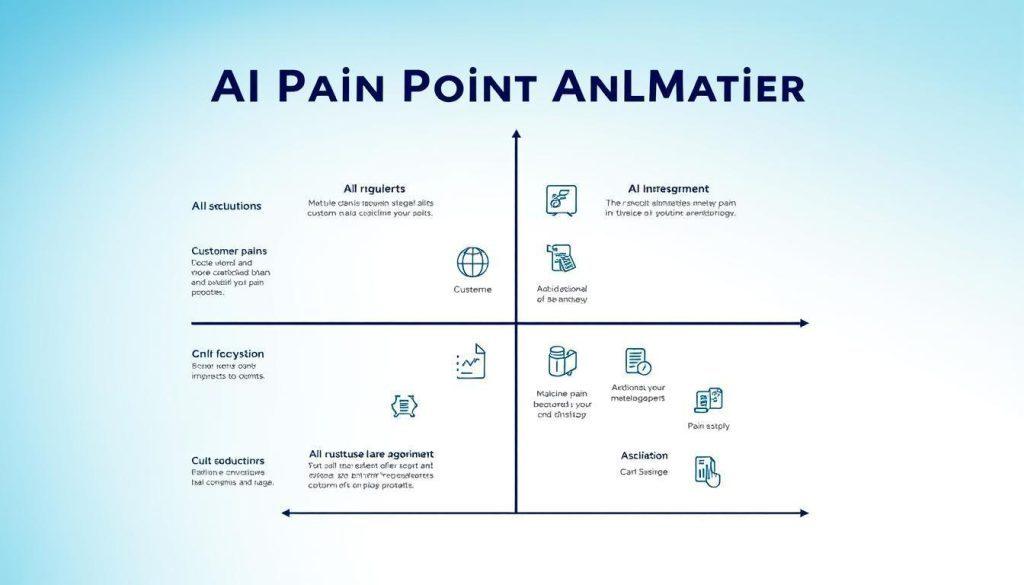 A detailed and visually engaging "AI Pain Point Analysis Matrix" illustrated as a professional infographic. In the foreground, include a clear, organized matrix with labeled axes representing different customer pain points and corresponding AI solutions. The middle ground features stylized icons representing various AI technologies, such as machine learning algorithms and data analysis tools, seamlessly integrated into the matrix. The background should be a soft gradient of blue and white, creating a modern and clean presentation. Use soft, ambient lighting to enhance the clarity of the infographic, mimicking a professional business presentation. The overall mood should be analytical and innovative, emphasizing precision in customer pain point identification. Ensure there are no text overlays or watermarks. A detailed and visually engaging "AI Pain Point Analysis Matrix" illustrated as a professional infographic. In the foreground, include a clear, organized matrix with labeled axes representing different customer pain points and corresponding AI solutions. The middle ground features stylized icons representing various AI technologies, such as machine learning algorithms and data analysis tools, seamlessly integrated into the matrix. The background should be a soft gradient of blue and white, creating a modern and clean presentation. Use soft, ambient lighting to enhance the clarity of the infographic, mimicking a professional business presentation. The overall mood should be analytical and innovative, emphasizing precision in customer pain point identification. Ensure there are no text overlays or watermarks.