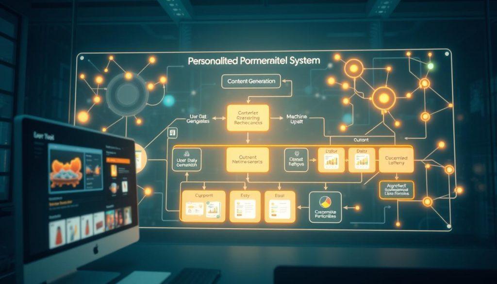 A detailed and visually engaging illustration of a personalized recommendation system architecture, set in a modern digital environment. In the foreground, showcase a sleek user interface with dynamic, customizable product displays. In the middle ground, depict a flowchart illustrating the content generation process, featuring elements like user data analysis, machine learning algorithms, and output variations reflecting user preferences. The background should feature abstract representations of data flow, with glowing nodes and interconnected lines symbolizing network connections. Use soft, ambient lighting to create a tech-savvy, innovative atmosphere, mimicking a high-tech workspace. Capture this scene from a slightly elevated angle, emphasizing both the complexity and elegance of the system's design. A detailed and visually engaging illustration of a personalized recommendation system architecture, set in a modern digital environment. In the foreground, showcase a sleek user interface with dynamic, customizable product displays. In the middle ground, depict a flowchart illustrating the content generation process, featuring elements like user data analysis, machine learning algorithms, and output variations reflecting user preferences. The background should feature abstract representations of data flow, with glowing nodes and interconnected lines symbolizing network connections. Use soft, ambient lighting to create a tech-savvy, innovative atmosphere, mimicking a high-tech workspace. Capture this scene from a slightly elevated angle, emphasizing both the complexity and elegance of the system's design.