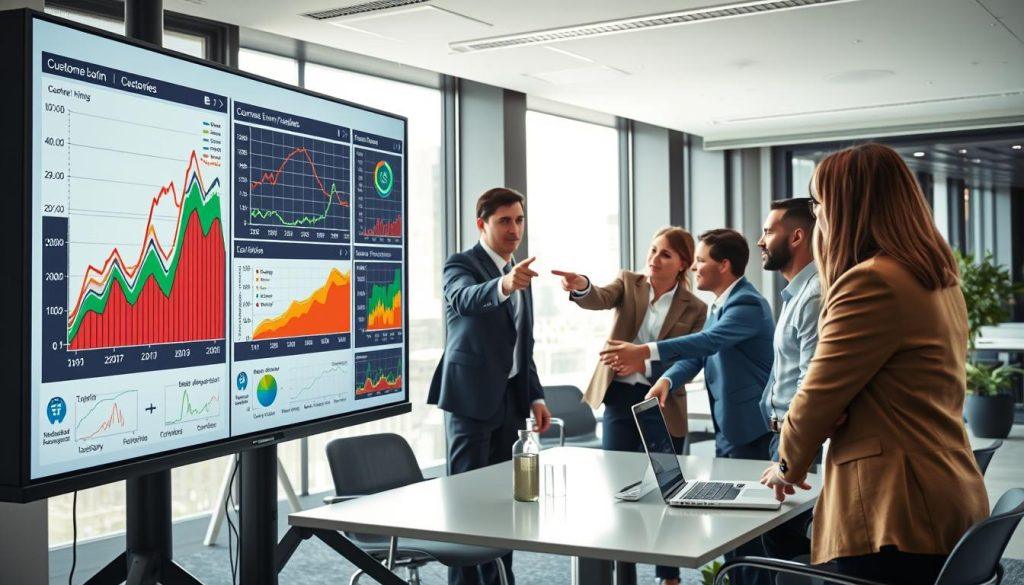 A detailed comparison scene showcasing various AI algorithms for customer churn prediction in a modern office setting. In the foreground, a large screen displays colorful graphs and charts illustrating different machine learning models, with labeled axes for clarity. In the middle, a diverse group of professionals in business attire are engaged in discussion around a conference table, pointing at the screen, with expressions of focus and collaboration. The background features sleek office decor with large windows allowing natural light to flood the room, creating an open and innovative atmosphere. The composition should convey a mood of productivity and technological advancement, emphasizing the importance of AI in proactive customer service strategies. A detailed comparison scene showcasing various AI algorithms for customer churn prediction in a modern office setting. In the foreground, a large screen displays colorful graphs and charts illustrating different machine learning models, with labeled axes for clarity. In the middle, a diverse group of professionals in business attire are engaged in discussion around a conference table, pointing at the screen, with expressions of focus and collaboration. The background features sleek office decor with large windows allowing natural light to flood the room, creating an open and innovative atmosphere. The composition should convey a mood of productivity and technological advancement, emphasizing the importance of AI in proactive customer service strategies.