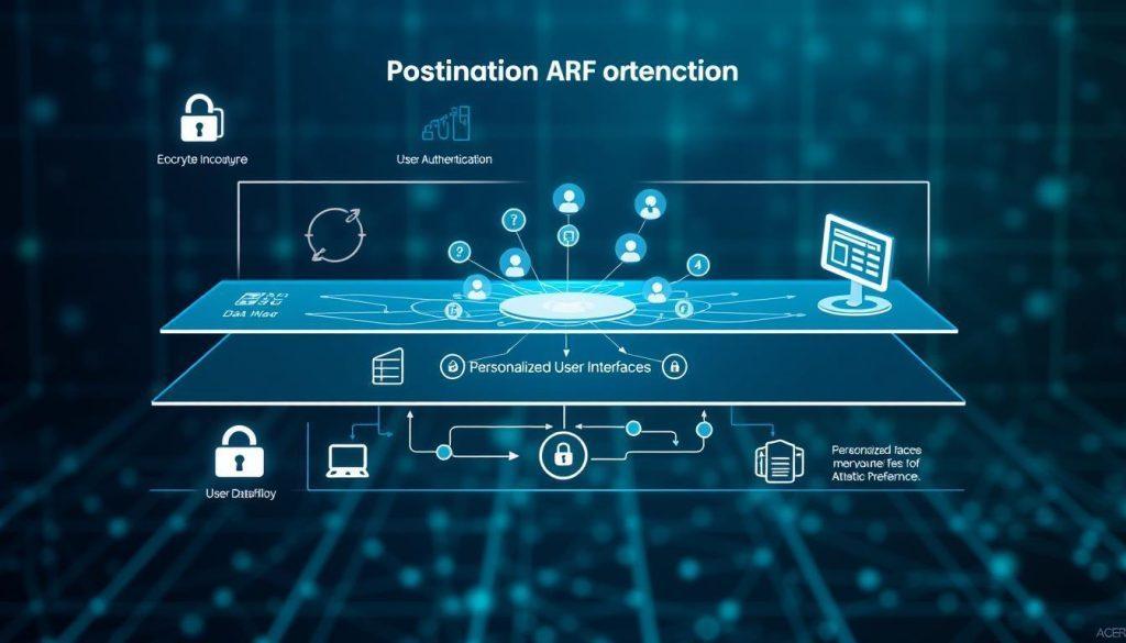 A detailed diagram illustrating a "Thousand Faces Security Mechanism Architecture" with various layers representing diverse security measures. In the foreground, show icons symbolizing encryption, user authentication, and data privacy controls. The middle layer features interconnected nodes depicting user data flows, highlighting personalized user interfaces influenced by aesthetic preferences. In the background, create a subtle grid or network pattern to signify complex data connections. Use soft, contrasting lighting to emphasize the depth of the diagram, with a focus on blue and green tones to evoke a sense of security and trust. The overall mood should be professional and futuristic, embodying a safe environment for user data and privacy. A detailed diagram illustrating a "Thousand Faces Security Mechanism Architecture" with various layers representing diverse security measures. In the foreground, show icons symbolizing encryption, user authentication, and data privacy controls. The middle layer features interconnected nodes depicting user data flows, highlighting personalized user interfaces influenced by aesthetic preferences. In the background, create a subtle grid or network pattern to signify complex data connections. Use soft, contrasting lighting to emphasize the depth of the diagram, with a focus on blue and green tones to evoke a sense of security and trust. The overall mood should be professional and futuristic, embodying a safe environment for user data and privacy.
