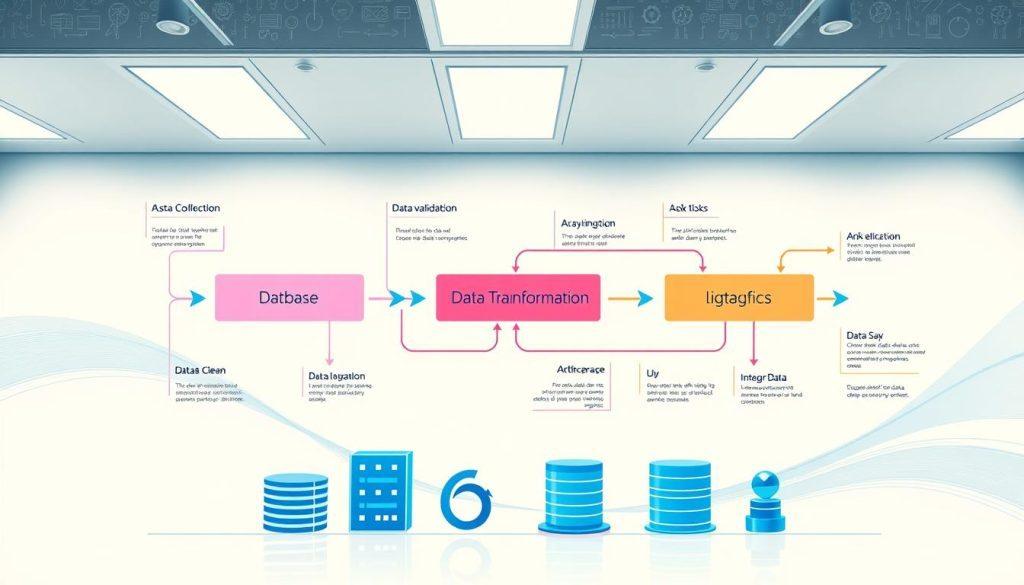 A detailed flowchart illustrating the data cleaning process, prominently featuring key stages such as data collection, data validation, data transformation, and data integration. The flowchart should have distinct sections with arrows guiding the viewer through the steps, utilizing vibrant colors to differentiate each stage. In the foreground, include sleek digital icons representing databases and analytics tools. The background features a subtle abstract design suggesting technology and innovation, with a cool blue and white color palette creating a professional atmosphere. The lighting should be soft and even, enhancing clarity, as if viewed under office fluorescent lights. The overall mood should be informative and engaging, perfect for a business-oriented audience. A detailed flowchart illustrating the data cleaning process, prominently featuring key stages such as data collection, data validation, data transformation, and data integration. The flowchart should have distinct sections with arrows guiding the viewer through the steps, utilizing vibrant colors to differentiate each stage. In the foreground, include sleek digital icons representing databases and analytics tools. The background features a subtle abstract design suggesting technology and innovation, with a cool blue and white color palette creating a professional atmosphere. The lighting should be soft and even, enhancing clarity, as if viewed under office fluorescent lights. The overall mood should be informative and engaging, perfect for a business-oriented audience.