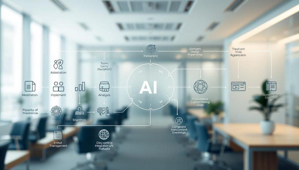 A detailed flowchart illustrating the process of AI-driven improvement based on reviews, featuring a clear layout with interconnected elements. In the foreground, depict various stages of the workflow such as data collection, analysis, implementation, and feedback loop, represented with icons and arrows. The middle ground should show a seamless integration of AI technology, symbolized by abstract representations of algorithms and data flow. In the background, create a subtle hint of a modern office environment to reflect a business atmosphere, with soft, neutral lighting that conveys professionalism. The overall mood is innovative and forward-looking, capturing the essence of transforming negative reviews into product opportunities. Ensure that the composition is clean, avoiding any text or clutter while maintaining clarity and cohesion. A detailed flowchart illustrating the process of AI-driven improvement based on reviews, featuring a clear layout with interconnected elements. In the foreground, depict various stages of the workflow such as data collection, analysis, implementation, and feedback loop, represented with icons and arrows. The middle ground should show a seamless integration of AI technology, symbolized by abstract representations of algorithms and data flow. In the background, create a subtle hint of a modern office environment to reflect a business atmosphere, with soft, neutral lighting that conveys professionalism. The overall mood is innovative and forward-looking, capturing the essence of transforming negative reviews into product opportunities. Ensure that the composition is clean, avoiding any text or clutter while maintaining clarity and cohesion.