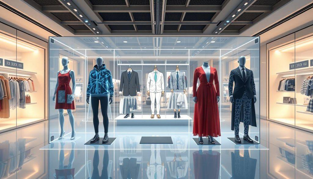 A detailed illustration depicting the evolution of virtual fitting rooms, focusing on three distinct stages. In the foreground, showcase a futuristic virtual fitting room interface featuring holographic clothing and augmented reality elements, highlighting advanced technology and user interaction. The middle layer presents a timeline of technological advancements, with images representing early online shopping interfaces, followed by augmented reality applications, and culminating in modern generative AI solutions. The background should reflect a sleek, modern shopping environment with soft, ambient lighting to create a high-tech atmosphere. Use a wide-angle lens perspective to capture the expanse of the evolving technology landscape, emphasizing progression and innovation in a professional context. A detailed illustration depicting the evolution of virtual fitting rooms, focusing on three distinct stages. In the foreground, showcase a futuristic virtual fitting room interface featuring holographic clothing and augmented reality elements, highlighting advanced technology and user interaction. The middle layer presents a timeline of technological advancements, with images representing early online shopping interfaces, followed by augmented reality applications, and culminating in modern generative AI solutions. The background should reflect a sleek, modern shopping environment with soft, ambient lighting to create a high-tech atmosphere. Use a wide-angle lens perspective to capture the expanse of the evolving technology landscape, emphasizing progression and innovation in a professional context.