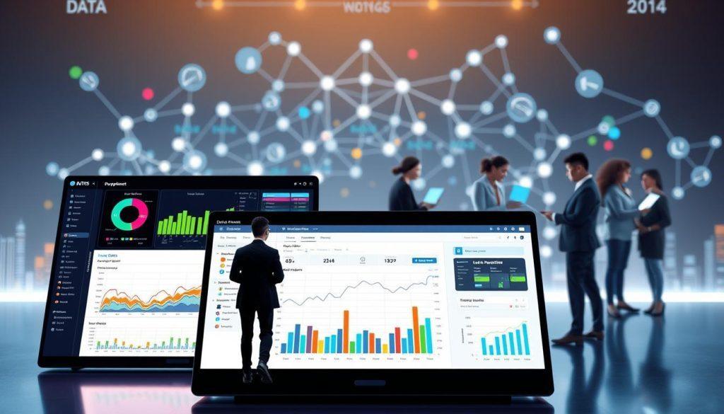 A detailed illustration of a "Personalized Data Collection System Architecture." In the foreground, depict a sleek, modern data management interface, showcasing graphs and user metrics with vibrant colors representing user preferences. In the middle ground, include diverse users interacting with digital devices, dressed in professional business attire, analyzing data visualizations. The background should feature abstract representations of a network or cloud computing system, with nodes and connections symbolizing data flow. Soft, ambient lighting enhances a futuristic and innovative atmosphere, while a slight depth of field focuses on the foreground elements, emphasizing user engagement and data interaction. The overall mood should be one of technological advancement and user-centric design. A detailed illustration of a "Personalized Data Collection System Architecture." In the foreground, depict a sleek, modern data management interface, showcasing graphs and user metrics with vibrant colors representing user preferences. In the middle ground, include diverse users interacting with digital devices, dressed in professional business attire, analyzing data visualizations. The background should feature abstract representations of a network or cloud computing system, with nodes and connections symbolizing data flow. Soft, ambient lighting enhances a futuristic and innovative atmosphere, while a slight depth of field focuses on the foreground elements, emphasizing user engagement and data interaction. The overall mood should be one of technological advancement and user-centric design.
