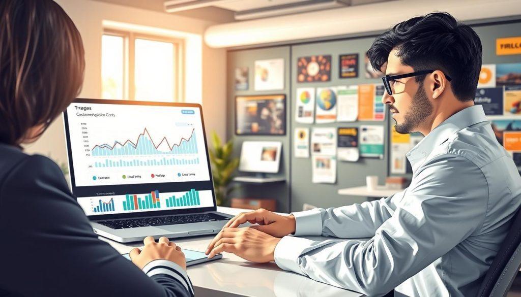 A detailed illustration of a digital marketing strategy layout, focusing on search engine optimization and advertising. In the foreground, a professional-looking person in business attire is seated at a sleek, modern desk with a laptop open, analyzing data. The middle layer features graphs and charts displayed on the laptop screen, showcasing declining customer acquisition costs. In the background, a bright office workspace filled with promotional materials, colorful advertisements, and analytics reports, creating a tech-savvy atmosphere. Soft natural lighting streams through a window, casting a warm glow, while the angle captures a slightly elevated perspective, emphasizing concentration and strategy. The overall mood is focused and determined, reflecting adaptability amidst challenges in the business landscape. A detailed illustration of a digital marketing strategy layout, focusing on search engine optimization and advertising. In the foreground, a professional-looking person in business attire is seated at a sleek, modern desk with a laptop open, analyzing data. The middle layer features graphs and charts displayed on the laptop screen, showcasing declining customer acquisition costs. In the background, a bright office workspace filled with promotional materials, colorful advertisements, and analytics reports, creating a tech-savvy atmosphere. Soft natural lighting streams through a window, casting a warm glow, while the angle captures a slightly elevated perspective, emphasizing concentration and strategy. The overall mood is focused and determined, reflecting adaptability amidst challenges in the business landscape.