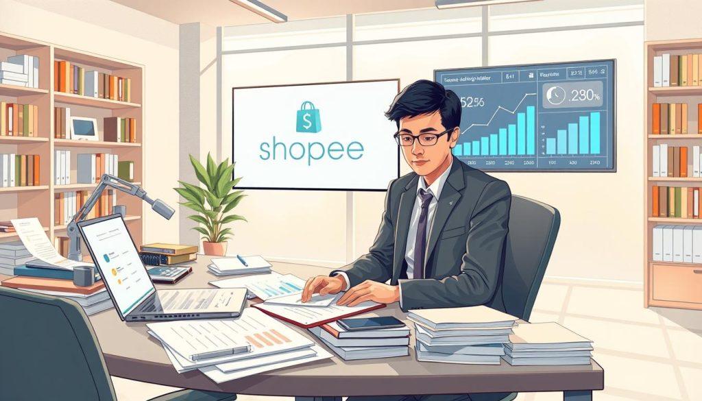 A detailed illustration of a finance-focused work environment where a small seller is analyzing profit margins on the Shopee platform. In the foreground, a professional individual wearing business attire is seated at a modern desk cluttered with documents, a laptop displaying graphs, and a notepad filled with calculations. The middle layer features a large digital screen showing the Shopee logo alongside visualizations of profit and revenue metrics. The background includes shelves filled with business books and a large window that lets in soft, natural light, creating a bright and focused atmosphere. The overall mood is one of determination and analysis, emphasizing the importance of understanding financial health in a competitive market. A detailed illustration of a finance-focused work environment where a small seller is analyzing profit margins on the Shopee platform. In the foreground, a professional individual wearing business attire is seated at a modern desk cluttered with documents, a laptop displaying graphs, and a notepad filled with calculations. The middle layer features a large digital screen showing the Shopee logo alongside visualizations of profit and revenue metrics. The background includes shelves filled with business books and a large window that lets in soft, natural light, creating a bright and focused atmosphere. The overall mood is one of determination and analysis, emphasizing the importance of understanding financial health in a competitive market.