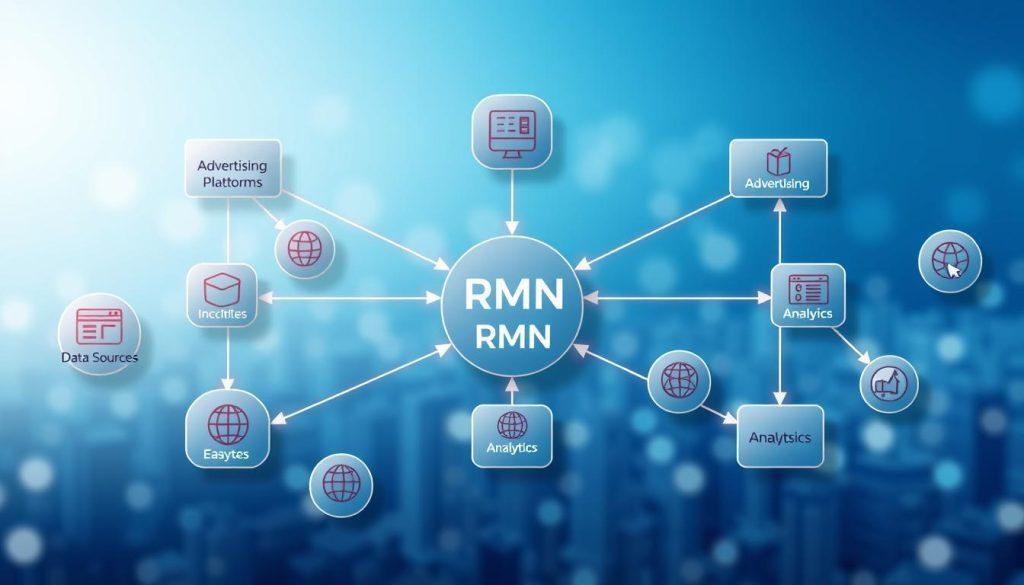 A detailed illustration of an "RMN application architecture system diagram" depicting key elements of the RMN ecosystem. In the foreground, show interconnected nodes representing data sources, advertising platforms, and analytics tools, each clearly labeled and designed in a sleek, modern style. In the middle ground, incorporate dynamic arrows indicating data flow and interaction between components, emphasizing collaboration and integration. The background should be a soft gradient of blue hues, suggesting a digital environment. Use lighting to create a sense of depth, with key elements highlighted. The mood should be professional and innovative, reflecting the transformative power of RMN in e-commerce. No text or branding should be included in the image. A detailed illustration of an "RMN application architecture system diagram" depicting key elements of the RMN ecosystem. In the foreground, show interconnected nodes representing data sources, advertising platforms, and analytics tools, each clearly labeled and designed in a sleek, modern style. In the middle ground, incorporate dynamic arrows indicating data flow and interaction between components, emphasizing collaboration and integration. The background should be a soft gradient of blue hues, suggesting a digital environment. Use lighting to create a sense of depth, with key elements highlighted. The mood should be professional and innovative, reflecting the transformative power of RMN in e-commerce. No text or branding should be included in the image.