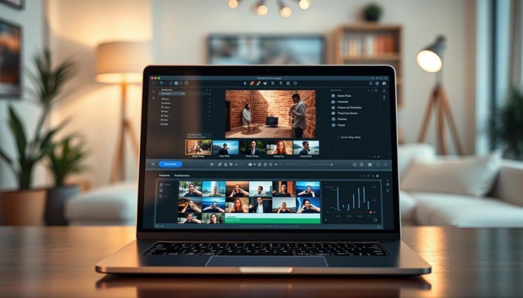A digital workspace showcasing an AI video editing tool interface. In the foreground, an elegant laptop displays a user-friendly software with vibrant, colorful thumbnails of video clips ready for selection. The middle ground features a neatly organized array of editing options, including filters, transitions, and sound controls, radiating a modern, high-tech vibe. The background consists of blurred elements that resemble a cozy, contemporary studio, filled with soft, ambient lighting, giving a relaxed yet professional atmosphere. Include a slight reflection on the laptop screen that highlights the interface. The overall mood should convey innovation and ease of use, appealing to creative professionals seeking efficient solutions. A digital workspace showcasing an AI video editing tool interface. In the foreground, an elegant laptop displays a user-friendly software with vibrant, colorful thumbnails of video clips ready for selection. The middle ground features a neatly organized array of editing options, including filters, transitions, and sound controls, radiating a modern, high-tech vibe. The background consists of blurred elements that resemble a cozy, contemporary studio, filled with soft, ambient lighting, giving a relaxed yet professional atmosphere. Include a slight reflection on the laptop screen that highlights the interface. The overall mood should convey innovation and ease of use, appealing to creative professionals seeking efficient solutions.