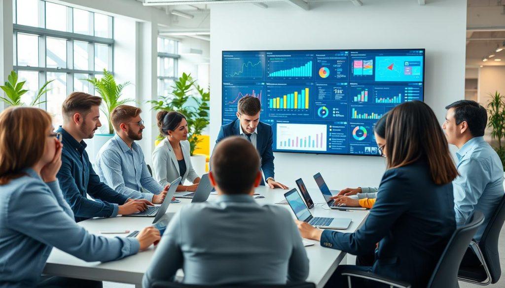 A dynamic and modern workspace showcasing digital transformation in small and medium-sized enterprises (SMEs). In the foreground, a diverse group of business professionals in smart casual attire collaborate around a large table, reviewing digital marketing platforms on laptops and tablets. The middle ground features a large screen displaying an array of e-commerce software interfaces, with colorful graphs and analytics visualizations. In the background, you can see a bright and open office space filled with greenery and modern furniture, symbolizing innovation and technology. The lighting is bright and inviting, emulating a productive atmosphere. The camera angle is slightly elevated, giving an overview of this energetic environment, focused on teamwork and digital growth. A dynamic and modern workspace showcasing digital transformation in small and medium-sized enterprises (SMEs). In the foreground, a diverse group of business professionals in smart casual attire collaborate around a large table, reviewing digital marketing platforms on laptops and tablets. The middle ground features a large screen displaying an array of e-commerce software interfaces, with colorful graphs and analytics visualizations. In the background, you can see a bright and open office space filled with greenery and modern furniture, symbolizing innovation and technology. The lighting is bright and inviting, emulating a productive atmosphere. The camera angle is slightly elevated, giving an overview of this energetic environment, focused on teamwork and digital growth.