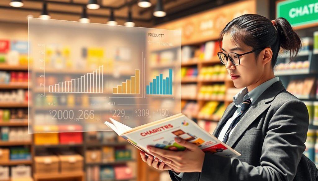 A dynamic and professional illustration representing "商品策略" (Product Strategy) focused on a small business adapting to market challenges. In the foreground, a confident business person in smart casual attire studies a colorful product catalog, showcasing diverse categories. In the middle ground, a transparent overlay of pricing charts and graphs emphasizes strategic decision-making. The background features a shop interior with various products displayed, suggesting vibrancy and competition. Soft, warm lighting creates a welcoming atmosphere while highlighting the determination in the business person's expression. Use a neutral color palette with pops of color for emphasis, captured from a slight angle to add depth and engagement to the overall composition. A dynamic and professional illustration representing "商品策略" (Product Strategy) focused on a small business adapting to market challenges. In the foreground, a confident business person in smart casual attire studies a colorful product catalog, showcasing diverse categories. In the middle ground, a transparent overlay of pricing charts and graphs emphasizes strategic decision-making. The background features a shop interior with various products displayed, suggesting vibrancy and competition. Soft, warm lighting creates a welcoming atmosphere while highlighting the determination in the business person's expression. Use a neutral color palette with pops of color for emphasis, captured from a slight angle to add depth and engagement to the overall composition.
