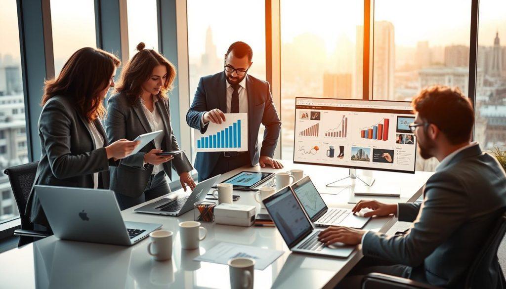 A dynamic business scene depicting a strategic meeting between diverse professionals analyzing e-commerce business models. In the foreground, a group of three individuals—one woman in a smart blazer, one man in a tailored suit, and another person in stylish business casual—are engaged in a discussion, pointing at graphs and charts displayed on a tablet. The middle ground features a modern conference table cluttered with laptops, coffee mugs, and digital devices showing various e-commerce platforms. The background showcases a sleek office environment with large windows revealing a city skyline under soft, warm lighting, creating an inspiring atmosphere. Capture the focus on collaboration and innovation, reflecting the different paths to e-commerce success. A dynamic business scene depicting a strategic meeting between diverse professionals analyzing e-commerce business models. In the foreground, a group of three individuals—one woman in a smart blazer, one man in a tailored suit, and another person in stylish business casual—are engaged in a discussion, pointing at graphs and charts displayed on a tablet. The middle ground features a modern conference table cluttered with laptops, coffee mugs, and digital devices showing various e-commerce platforms. The background showcases a sleek office environment with large windows revealing a city skyline under soft, warm lighting, creating an inspiring atmosphere. Capture the focus on collaboration and innovation, reflecting the different paths to e-commerce success.