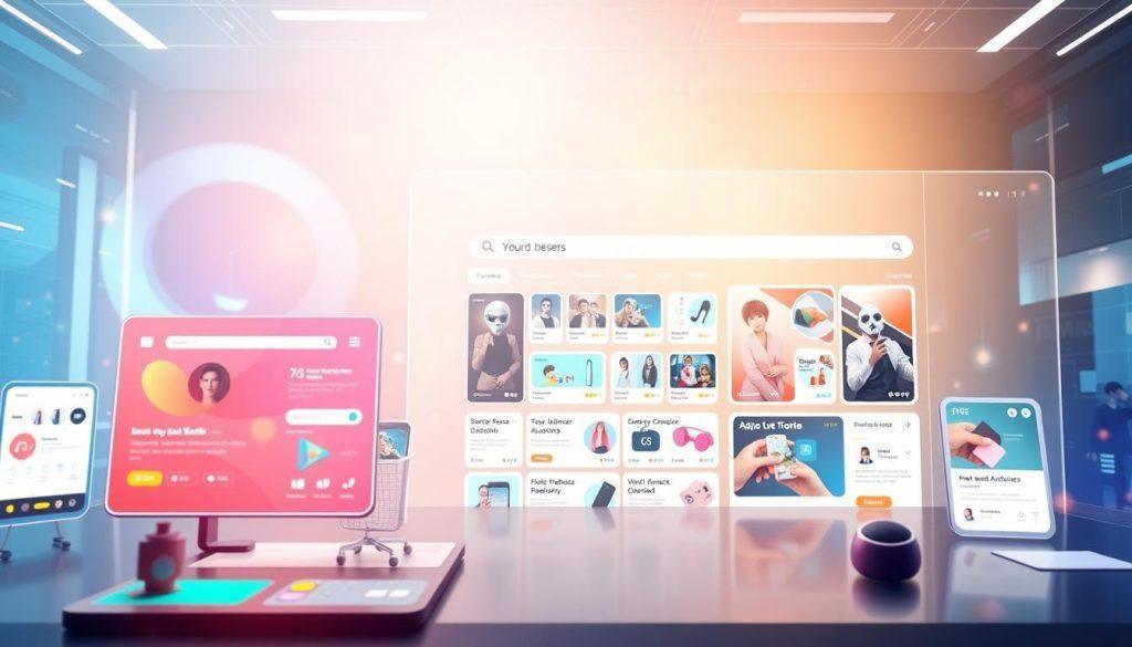 A dynamic layout design showcasing an e-commerce search interface, emphasizing personalized user experiences. In the foreground, display various interactive UI elements with vibrant colors and smooth transitions, illustrating user actions such as scrolling and clicking. The middle ground features a modular grid structure with flexible content blocks that adjust dynamically based on user preferences, including product images, descriptions, and prices. In the background, there's an abstract digital environment with soft gradients and light flares, creating a futuristic yet inviting atmosphere. Use soft, diffused lighting to enhance clarity and focus on the layout details, and set the perspective from a slight top-down angle for depth. The scene embodies innovation, personalization, and user engagement in a clean, professional aesthetic. A dynamic layout design showcasing an e-commerce search interface, emphasizing personalized user experiences. In the foreground, display various interactive UI elements with vibrant colors and smooth transitions, illustrating user actions such as scrolling and clicking. The middle ground features a modular grid structure with flexible content blocks that adjust dynamically based on user preferences, including product images, descriptions, and prices. In the background, there's an abstract digital environment with soft gradients and light flares, creating a futuristic yet inviting atmosphere. Use soft, diffused lighting to enhance clarity and focus on the layout details, and set the perspective from a slight top-down angle for depth. The scene embodies innovation, personalization, and user engagement in a clean, professional aesthetic.