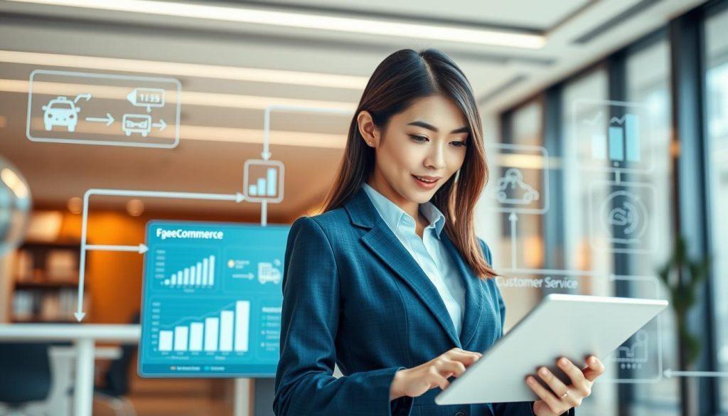 A dynamic, modern e-commerce environment showcasing the flow of transactions. In the foreground, depict a professional-looking Asian female businessperson analyzing data on a tablet, dressed in smart casual attire. In the middle, illustrate a sleek digital interface displaying graphs and flowcharts related to financial transactions, logistics, and customer service processes. The background should feature a sophisticated office space with a virtual monitor showing real-time payment and logistics metrics. Use bright, natural lighting to create a positive, productive atmosphere, captured with a slight depth of field to focus on the main subject while softly blurring the background. Aim for a polished, high-tech look that emphasizes efficiency and professionalism in e-commerce operations. A dynamic, modern e-commerce environment showcasing the flow of transactions. In the foreground, depict a professional-looking Asian female businessperson analyzing data on a tablet, dressed in smart casual attire. In the middle, illustrate a sleek digital interface displaying graphs and flowcharts related to financial transactions, logistics, and customer service processes. The background should feature a sophisticated office space with a virtual monitor showing real-time payment and logistics metrics. Use bright, natural lighting to create a positive, productive atmosphere, captured with a slight depth of field to focus on the main subject while softly blurring the background. Aim for a polished, high-tech look that emphasizes efficiency and professionalism in e-commerce operations.