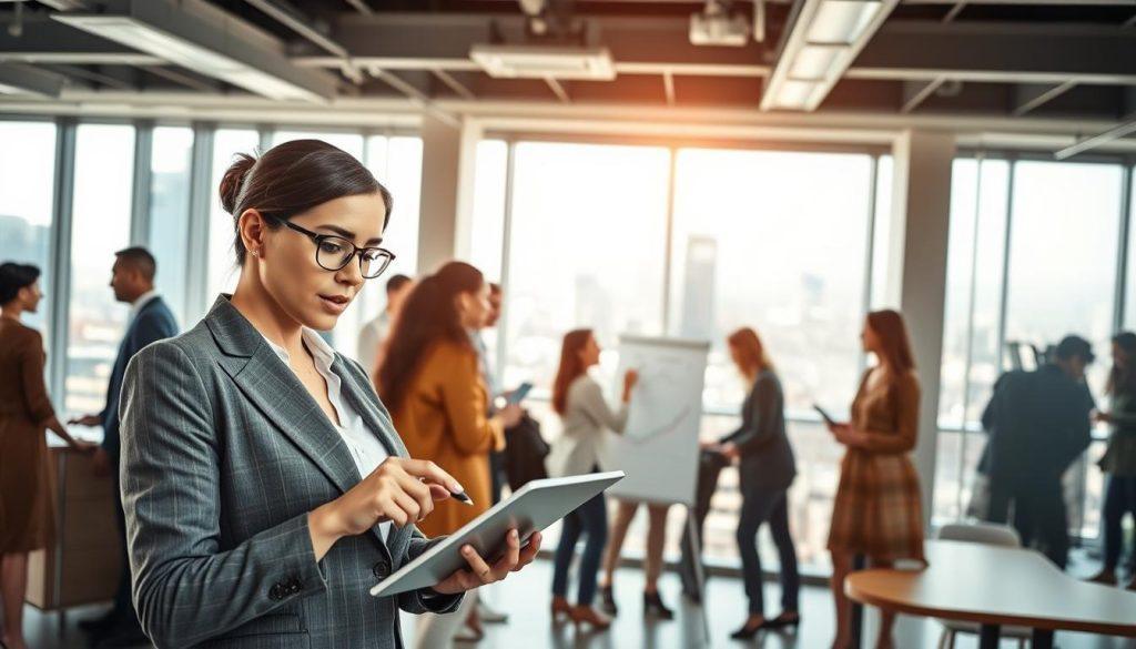 A dynamic office environment filled with people engaged in digital transformation activities. In the foreground, a confident businesswoman in professional attire examines data analytics on a tablet, showcasing modern technology. The middle ground features a diverse group of colleagues collaborating around a digital whiteboard, brainstorming ideas and strategies for e-commerce solutions, highlighting teamwork and innovation. In the background, a large window offers a view of a bustling urban landscape, symbolizing growth and opportunity. The scene is illuminated by bright, natural light, creating an optimistic atmosphere. The composition conveys a sense of progress, professionalism, and the transformative impact of digital tools on small and medium enterprises. A dynamic office environment filled with people engaged in digital transformation activities. In the foreground, a confident businesswoman in professional attire examines data analytics on a tablet, showcasing modern technology. The middle ground features a diverse group of colleagues collaborating around a digital whiteboard, brainstorming ideas and strategies for e-commerce solutions, highlighting teamwork and innovation. In the background, a large window offers a view of a bustling urban landscape, symbolizing growth and opportunity. The scene is illuminated by bright, natural light, creating an optimistic atmosphere. The composition conveys a sense of progress, professionalism, and the transformative impact of digital tools on small and medium enterprises.