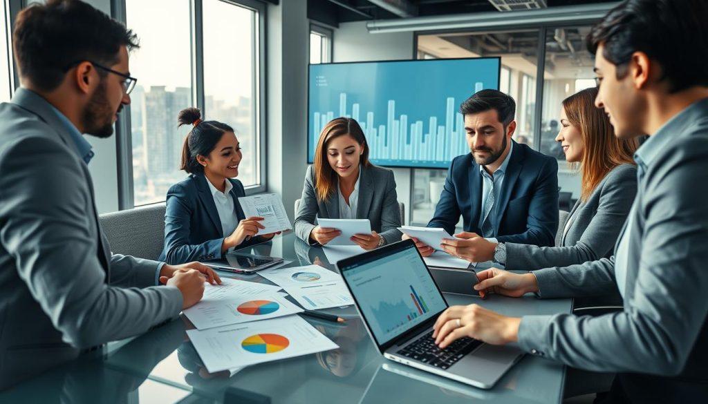 A dynamic office scene focused on cash flow management in e-commerce. In the foreground, a diverse group of three professionals in smart business attire are engaged in a strategic discussion around a modern table, analyzing graphs and charts displayed on digital tablets. In the middle, there are financial documents, colorful pie charts, and a sleek laptop showcasing budgeting software. The background features a large screen displaying cash flow trends with a cityscape visible through big windows, illuminating the room with soft natural light. The mood is focused and collaborative, emphasizing the importance of effective cash flow management for start-ups. The camera angle is slightly elevated, capturing both the vibrant workspace and the engaged expressions of the individuals. A dynamic office scene focused on cash flow management in e-commerce. In the foreground, a diverse group of three professionals in smart business attire are engaged in a strategic discussion around a modern table, analyzing graphs and charts displayed on digital tablets. In the middle, there are financial documents, colorful pie charts, and a sleek laptop showcasing budgeting software. The background features a large screen displaying cash flow trends with a cityscape visible through big windows, illuminating the room with soft natural light. The mood is focused and collaborative, emphasizing the importance of effective cash flow management for start-ups. The camera angle is slightly elevated, capturing both the vibrant workspace and the engaged expressions of the individuals.