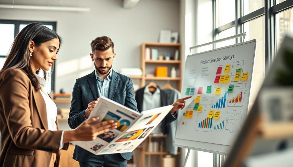 A dynamic scene illustrating product selection strategy in e-commerce, featuring a diverse group of three professionals in a modern office setting. In the foreground, a woman in business attire examines a product catalog with a thoughtful expression, while a man beside her points at a laptop displaying market analysis. In the middle ground, a whiteboard filled with colorful graphs and sticky notes reflecting strategic concepts is visible. The background showcases shelves with various product samples, creating an atmosphere of innovation and collaboration. Soft, natural lighting streams through large windows, casting gentle shadows. The overall mood is focused and inspiring, emphasizing the transition from selling options to winning choices. The perspective captures an engaging angle that highlights teamwork and analysis in a contemporary workspace. A dynamic scene illustrating product selection strategy in e-commerce, featuring a diverse group of three professionals in a modern office setting. In the foreground, a woman in business attire examines a product catalog with a thoughtful expression, while a man beside her points at a laptop displaying market analysis. In the middle ground, a whiteboard filled with colorful graphs and sticky notes reflecting strategic concepts is visible. The background showcases shelves with various product samples, creating an atmosphere of innovation and collaboration. Soft, natural lighting streams through large windows, casting gentle shadows. The overall mood is focused and inspiring, emphasizing the transition from selling options to winning choices. The perspective captures an engaging angle that highlights teamwork and analysis in a contemporary workspace.