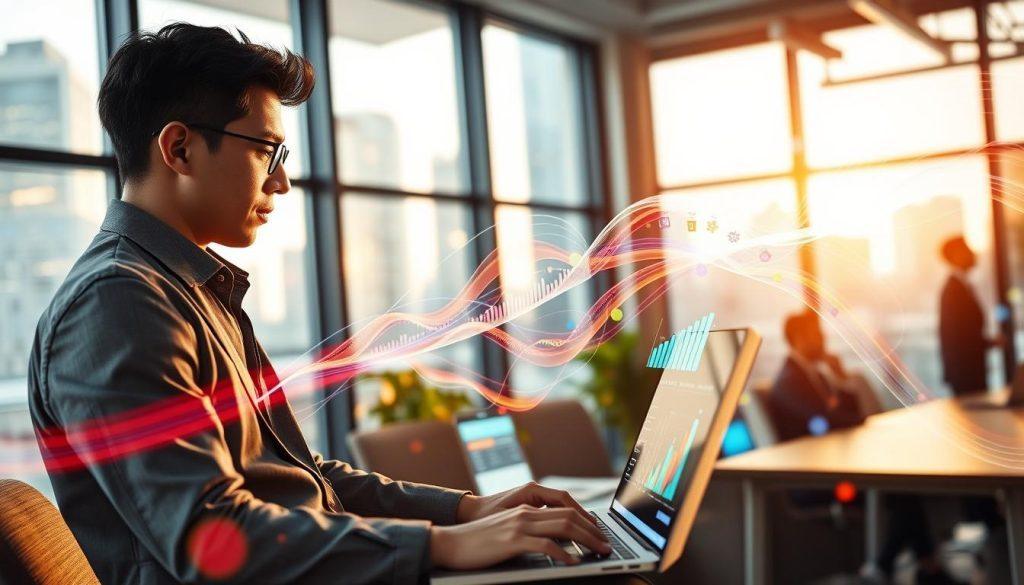 A dynamic scene illustrating the concept of "流量紅利" in a modern e-commerce environment. In the foreground, a focused young professional in smart casual attire is interacting with a laptop, analyzing various graphs and data on the screen, representing online traffic and growth. In the middle ground, a vibrant, multicolored flow of digital data streams flows around, symbolizing the idea of traffic benefits and online opportunities. The background features an urban office setting with large windows showing a bustling cityscape, bathed in warm, natural light. The atmosphere is energetic yet professional, conveying a sense of optimism and innovative thinking. Capture this moment from a slightly angled perspective to add depth, using a soft focus on the background to enhance the central figures and flowing data. A dynamic scene illustrating the concept of "流量紅利" in a modern e-commerce environment. In the foreground, a focused young professional in smart casual attire is interacting with a laptop, analyzing various graphs and data on the screen, representing online traffic and growth. In the middle ground, a vibrant, multicolored flow of digital data streams flows around, symbolizing the idea of traffic benefits and online opportunities. The background features an urban office setting with large windows showing a bustling cityscape, bathed in warm, natural light. The atmosphere is energetic yet professional, conveying a sense of optimism and innovative thinking. Capture this moment from a slightly angled perspective to add depth, using a soft focus on the background to enhance the central figures and flowing data.
