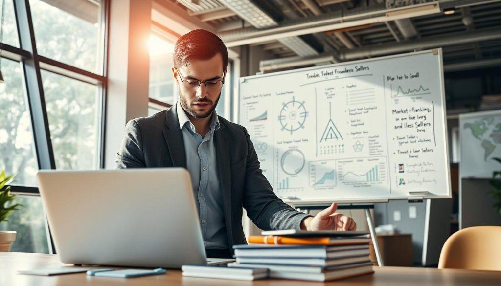 A dynamic, visually insightful image depicting the concept of "e-commerce market analysis" in a professional setting. Foreground: a focused business analyst, dressed in smart casual attire, studying data on a sleek laptop, surrounded by charts and graphs that visualize e-commerce trends. Middle: a large whiteboard filled with complex diagrams and notes on market fluctuations, emphasizing the impact on small sellers. Background: a modern office space with large windows allowing natural light to flood in, casting a warm glow over the scene. The atmosphere conveys a sense of urgency and strategic thinking, with a lens that captures the details and nuances of the workspace, emphasizing clarity and focus on the figures presented. A dynamic, visually insightful image depicting the concept of "e-commerce market analysis" in a professional setting. Foreground: a focused business analyst, dressed in smart casual attire, studying data on a sleek laptop, surrounded by charts and graphs that visualize e-commerce trends. Middle: a large whiteboard filled with complex diagrams and notes on market fluctuations, emphasizing the impact on small sellers. Background: a modern office space with large windows allowing natural light to flood in, casting a warm glow over the scene. The atmosphere conveys a sense of urgency and strategic thinking, with a lens that captures the details and nuances of the workspace, emphasizing clarity and focus on the figures presented.