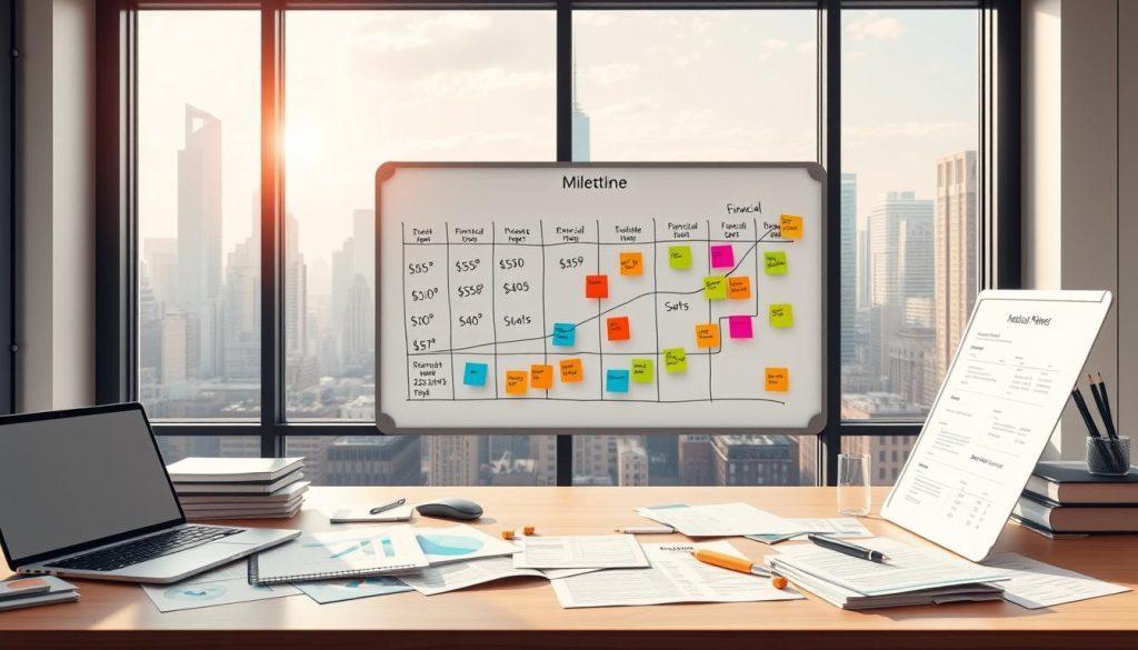 A dynamic, visually striking illustration of a business planning milestone chart, effectively conveying the concept of "Startup Planning: Breaking down budget and goals into actionable milestones." In the foreground, a modern office desk with a laptop, financial charts, and documents scattered around. The middle ground features a whiteboard filled with colorful sticky notes and diagrams representing financial targets and timelines. In the background, a city skyline through large windows, symbolizing opportunity and growth. Soft, natural lighting filters in from the windows, creating a motivating atmosphere. The image should evoke a sense of professionalism, focus, and inspiration, capturing the essence of strategic planning in a startup context. A dynamic, visually striking illustration of a business planning milestone chart, effectively conveying the concept of "Startup Planning: Breaking down budget and goals into actionable milestones." In the foreground, a modern office desk with a laptop, financial charts, and documents scattered around. The middle ground features a whiteboard filled with colorful sticky notes and diagrams representing financial targets and timelines. In the background, a city skyline through large windows, symbolizing opportunity and growth. Soft, natural lighting filters in from the windows, creating a motivating atmosphere. The image should evoke a sense of professionalism, focus, and inspiration, capturing the essence of strategic planning in a startup context.