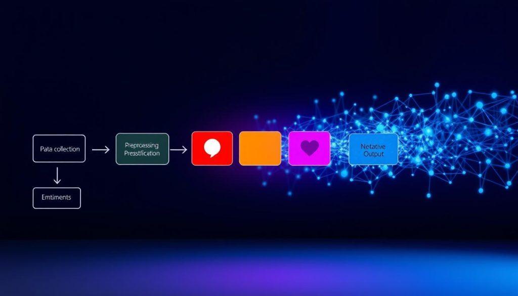 A flowchart illustrating the process of AI-driven sentiment analysis in natural language processing. In the foreground, depict various blocks representing stages such as data collection, preprocessing, sentiment classification, and output analysis, each connected with arrows. The middle layer should show vibrant colors that emphasize the various emotional outputs, like positive, negative, and neutral sentiments, represented by distinct shapes. The background features a subtle network of abstract, digital patterns symbolizing data connectivity and AI algorithms at work. The lighting is bright and clean, creating a modern, professional atmosphere that emphasizes innovation and technology. The overall mood is focused and analytical, suitable for a tech-savvy audience. A flowchart illustrating the process of AI-driven sentiment analysis in natural language processing. In the foreground, depict various blocks representing stages such as data collection, preprocessing, sentiment classification, and output analysis, each connected with arrows. The middle layer should show vibrant colors that emphasize the various emotional outputs, like positive, negative, and neutral sentiments, represented by distinct shapes. The background features a subtle network of abstract, digital patterns symbolizing data connectivity and AI algorithms at work. The lighting is bright and clean, creating a modern, professional atmosphere that emphasizes innovation and technology. The overall mood is focused and analytical, suitable for a tech-savvy audience.