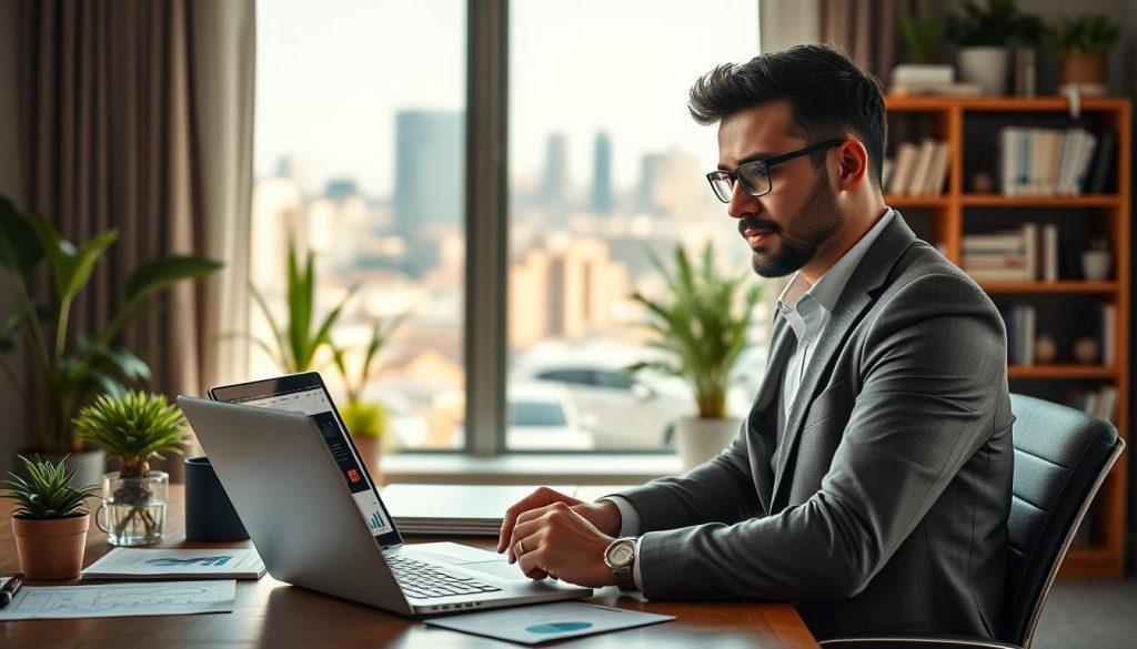 A focused and determined entrepreneur working from a stylish, modern home office, surrounded by financial charts and a laptop displaying an e-commerce website. In the foreground, the entrepreneur, a professional in business attire, is seated at a desk, analyzing data on their laptop with a thoughtful expression. In the middle ground, a large window allows natural light to flood the space, illuminating potted plants and an organized bookshelf filled with business literature. The background features a soft, blurred skyline visible through the window, symbolizing the connection between online commerce and the outside world. The mood is one of motivation and ambition, enhanced by warm lighting and clean lines that convey a sense of professionalism and creativity. A focused and determined entrepreneur working from a stylish, modern home office, surrounded by financial charts and a laptop displaying an e-commerce website. In the foreground, the entrepreneur, a professional in business attire, is seated at a desk, analyzing data on their laptop with a thoughtful expression. In the middle ground, a large window allows natural light to flood the space, illuminating potted plants and an organized bookshelf filled with business literature. The background features a soft, blurred skyline visible through the window, symbolizing the connection between online commerce and the outside world. The mood is one of motivation and ambition, enhanced by warm lighting and clean lines that convey a sense of professionalism and creativity.