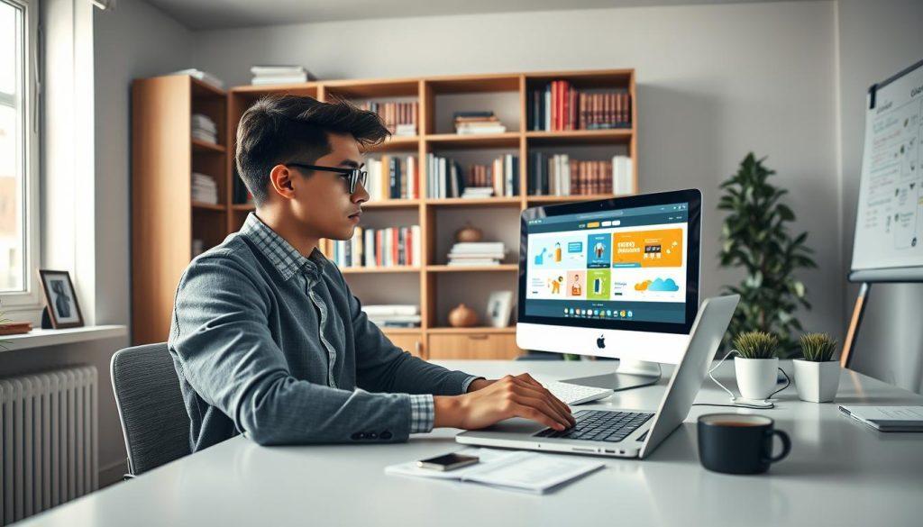 A focused and modern home office setup featuring a solo entrepreneur engaging in e-commerce. In the foreground, a young professional in smart casual clothing, sitting at a sleek desk with a laptop open, appears deeply engaged in their work. The middle of the image showcases colorful e-commerce graphics displayed on the computer screen, illustrating online shopping concepts. The background highlights bookshelves filled with business literature and a whiteboard with notes and strategies. Soft, natural light streams in through a window, creating an inviting atmosphere. A slight overhead angle adds depth to the scene, emphasizing the sense of concentration and innovation. The overall mood conveys empowerment, independence, and the dynamic nature of running a solo e-commerce business. A focused and modern home office setup featuring a solo entrepreneur engaging in e-commerce. In the foreground, a young professional in smart casual clothing, sitting at a sleek desk with a laptop open, appears deeply engaged in their work. The middle of the image showcases colorful e-commerce graphics displayed on the computer screen, illustrating online shopping concepts. The background highlights bookshelves filled with business literature and a whiteboard with notes and strategies. Soft, natural light streams in through a window, creating an inviting atmosphere. A slight overhead angle adds depth to the scene, emphasizing the sense of concentration and innovation. The overall mood conveys empowerment, independence, and the dynamic nature of running a solo e-commerce business.