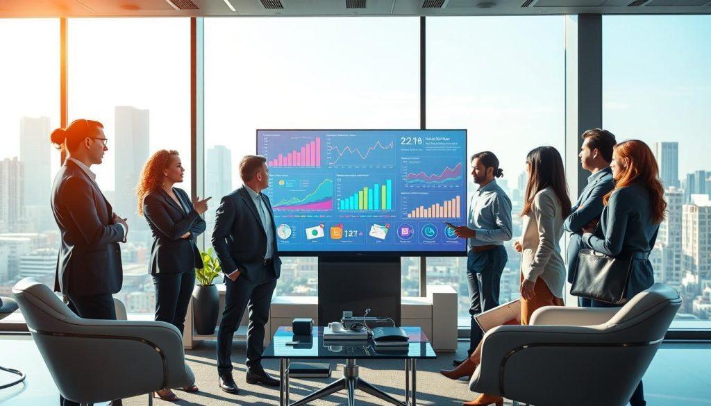 A futuristic office environment illustrating the role of AI in predicting consumer behavior through RMN technology. In the foreground, a diverse team of professionals in business attire is engaged in a lively discussion around a large digital screen displaying vibrant data visualizations, including graphs and charts representing consumer trends. The middle ground features sleek, modern furniture and high-tech gadgets, enhancing the innovative atmosphere. The background shows large windows revealing a cityscape, bathed in natural light, suggesting a bright future for e-commerce. The lighting is bright and clear, emphasizing a sense of collaboration and forward-thinking. The overall mood is optimistic and dynamic, capturing the essence of technological advancement in a corporate setting. A futuristic office environment illustrating the role of AI in predicting consumer behavior through RMN technology. In the foreground, a diverse team of professionals in business attire is engaged in a lively discussion around a large digital screen displaying vibrant data visualizations, including graphs and charts representing consumer trends. The middle ground features sleek, modern furniture and high-tech gadgets, enhancing the innovative atmosphere. The background shows large windows revealing a cityscape, bathed in natural light, suggesting a bright future for e-commerce. The lighting is bright and clear, emphasizing a sense of collaboration and forward-thinking. The overall mood is optimistic and dynamic, capturing the essence of technological advancement in a corporate setting.
