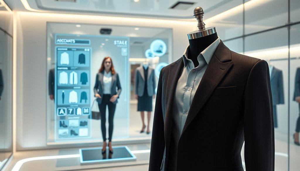 A futuristic virtual dressing room showcasing advanced AI technology in a sleek, modern environment. In the foreground, a well-dressed mannequin displays a stylish outfit, illuminated by soft, adjustable lighting that highlights the fabric's textures. In the middle, a translucent digital screen depicts a user interface showing various clothing options and a virtual mirror reflecting a model trying on different outfits in professional attire. The background features a high-tech design with augmented reality elements, such as floating clothing items and smart fabric samples. The atmosphere should feel innovative and immersive, inviting viewers to experience the next generation of fashion retail through artificial intelligence and augmented reality, with a focus on a seamless, high-fidelity virtual fitting experience. A futuristic virtual dressing room showcasing advanced AI technology in a sleek, modern environment. In the foreground, a well-dressed mannequin displays a stylish outfit, illuminated by soft, adjustable lighting that highlights the fabric's textures. In the middle, a translucent digital screen depicts a user interface showing various clothing options and a virtual mirror reflecting a model trying on different outfits in professional attire. The background features a high-tech design with augmented reality elements, such as floating clothing items and smart fabric samples. The atmosphere should feel innovative and immersive, inviting viewers to experience the next generation of fashion retail through artificial intelligence and augmented reality, with a focus on a seamless, high-fidelity virtual fitting experience.