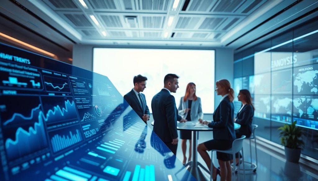 A futuristic visualization of an "AI Monitoring Trend Technology Architecture." In the foreground, a sleek, modern interface featuring interactive graphs, data streams, and AI models displays trend analysis. In the middle ground, a diverse group of professionals in business attire collaborate around a holographic table, discussing strategies and insights. The background showcases a high-tech office environment with digital screens projecting analytics and real-time data. Soft, ambient lighting illuminates the scene, creating a focused yet innovative atmosphere. The perspective is slightly angled upwards, emphasizing the dynamic interaction of technology and teamwork. A color palette of blues, greens, and whites enhances the technological feel while maintaining professionalism. A futuristic visualization of an "AI Monitoring Trend Technology Architecture." In the foreground, a sleek, modern interface featuring interactive graphs, data streams, and AI models displays trend analysis. In the middle ground, a diverse group of professionals in business attire collaborate around a holographic table, discussing strategies and insights. The background showcases a high-tech office environment with digital screens projecting analytics and real-time data. Soft, ambient lighting illuminates the scene, creating a focused yet innovative atmosphere. The perspective is slightly angled upwards, emphasizing the dynamic interaction of technology and teamwork. A color palette of blues, greens, and whites enhances the technological feel while maintaining professionalism.