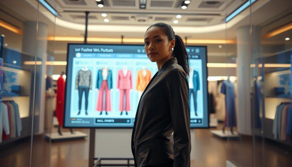 A high-fidelity virtual fitting room demonstration showcasing advanced AR and generative AI technologies. In the foreground, a professional model wearing a sleek, modern outfit stands in front of a large interactive screen displaying various clothing options in real-time. The middle layer features a dynamic interface with clothing items being virtually tried on, showcasing intricate details and realistic fabric textures. The background includes a stylish, futuristic retail space with bright, focused lighting emphasizing the vibrant colors of the clothing. The atmosphere is engaging and innovative, inviting viewers to explore the blend of technology and fashion in a high-tech shopping experience. The perspective is slightly angled, highlighting both the model and the digital display. A high-fidelity virtual fitting room demonstration showcasing advanced AR and generative AI technologies. In the foreground, a professional model wearing a sleek, modern outfit stands in front of a large interactive screen displaying various clothing options in real-time. The middle layer features a dynamic interface with clothing items being virtually tried on, showcasing intricate details and realistic fabric textures. The background includes a stylish, futuristic retail space with bright, focused lighting emphasizing the vibrant colors of the clothing. The atmosphere is engaging and innovative, inviting viewers to explore the blend of technology and fashion in a high-tech shopping experience. The perspective is slightly angled, highlighting both the model and the digital display.