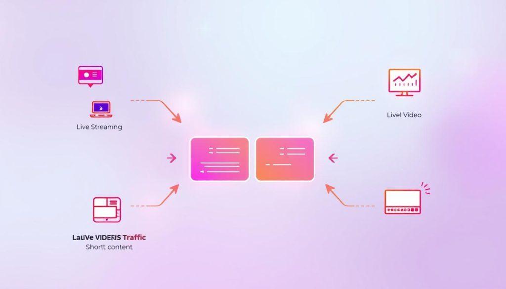 A high-resolution digital illustration depicting a flowchart detailing strategies for increasing traffic related to short videos, specifically targeting live stream highlights transformed into reel formats. The foreground should feature vibrant icons and arrows symbolizing various traffic strategies, such as social media engagement, content optimization, and analytics tracking. In the middle, an engaging design showing a split between live streaming and short video content, with visually distinct segments for each strategy. The background should be a soft gradient that emphasizes a modern, digital atmosphere. Use bright, contrasting colors to create a dynamic and inviting mood, while ensuring soft lighting enhances clarity and accessibility of the information. No text or watermarks included. A high-resolution digital illustration depicting a flowchart detailing strategies for increasing traffic related to short videos, specifically targeting live stream highlights transformed into reel formats. The foreground should feature vibrant icons and arrows symbolizing various traffic strategies, such as social media engagement, content optimization, and analytics tracking. In the middle, an engaging design showing a split between live streaming and short video content, with visually distinct segments for each strategy. The background should be a soft gradient that emphasizes a modern, digital atmosphere. Use bright, contrasting colors to create a dynamic and inviting mood, while ensuring soft lighting enhances clarity and accessibility of the information. No text or watermarks included.
