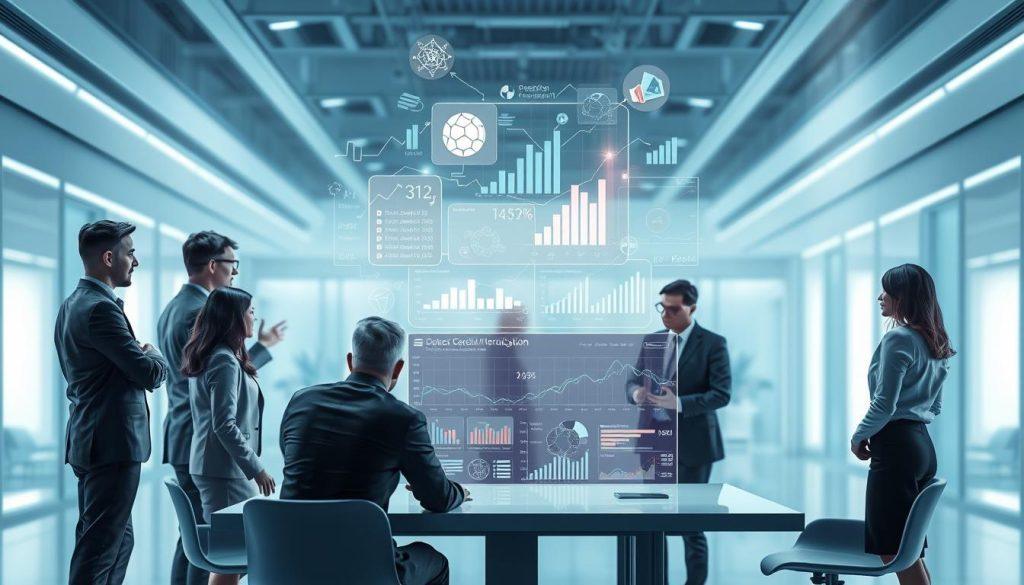 A modern and sleek digital workspace illustrating the concept of AI predicting customer churn. In the foreground, a diverse group of professionals in business attire is gathered around a large screen displaying complex data visualizations, charts, and predictive analytics. The middle layer features holographic representations of customer data and potential churn risks floating above the table, with arrows and graphs connecting various elements. The background presents a futuristic office environment with soft blue and white lighting, accentuating the high-tech atmosphere. A sense of collaboration and urgency is palpable, indicating proactive engagement with customer retention strategies. The overall mood is focused and innovative, invoking the power of AI in transforming customer service practices. A modern and sleek digital workspace illustrating the concept of AI predicting customer churn. In the foreground, a diverse group of professionals in business attire is gathered around a large screen displaying complex data visualizations, charts, and predictive analytics. The middle layer features holographic representations of customer data and potential churn risks floating above the table, with arrows and graphs connecting various elements. The background presents a futuristic office environment with soft blue and white lighting, accentuating the high-tech atmosphere. A sense of collaboration and urgency is palpable, indicating proactive engagement with customer retention strategies. The overall mood is focused and innovative, invoking the power of AI in transforming customer service practices.