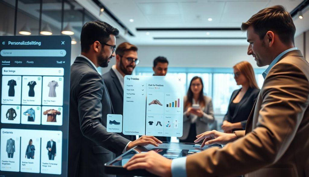 A modern digital interface showcasing personalized visual elements in an e-commerce context. The foreground features a sleek touchscreen display with dynamic, customizable UI elements like product cards and filters, seamlessly adapting to user preferences. In the middle, a diverse group of professional individuals, dressed in business attire, interact with the interface, demonstrating engagement and collaboration. The background illustrates a stylish, minimalistic office environment with soft, diffused lighting, creating a warm and inviting atmosphere. The camera angle is slightly aerial, capturing the interaction from above to highlight the user-friendly layout and the personalization features at play. The overall mood is innovative and collaborative, embodying the essence of customized shopping experiences. A modern digital interface showcasing personalized visual elements in an e-commerce context. The foreground features a sleek touchscreen display with dynamic, customizable UI elements like product cards and filters, seamlessly adapting to user preferences. In the middle, a diverse group of professional individuals, dressed in business attire, interact with the interface, demonstrating engagement and collaboration. The background illustrates a stylish, minimalistic office environment with soft, diffused lighting, creating a warm and inviting atmosphere. The camera angle is slightly aerial, capturing the interaction from above to highlight the user-friendly layout and the personalization features at play. The overall mood is innovative and collaborative, embodying the essence of customized shopping experiences.